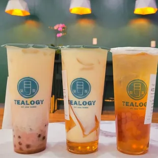 1. Green Milk Tea w/Fresh Taro, Tiger Pearls, Tiger pudding 2. Aiyu Jelly Green Milk Tea 3. Spring Tea w/Tiger Sugar Pearls and Honey Jelly