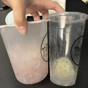 Both were order as 50% less ice. Pay extra for the jumbo but in reality get less drink than the regular size.