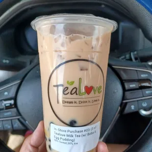 Milk tea with boba and egg pudding ($5.85)