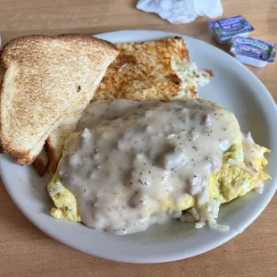 Country fried steak omelette with sausage gravy.