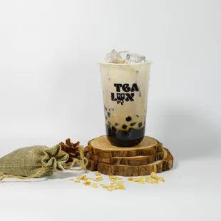 a glass of iced tea and a bag of rice