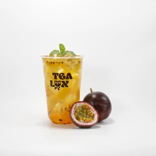 a glass of tea and a passion fruit
