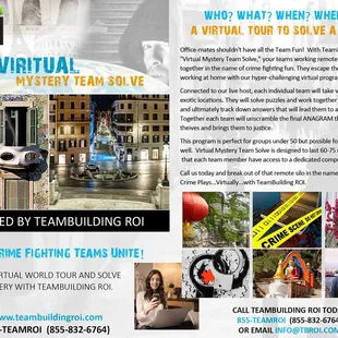 VIRTUAL MYSTERY TEAM SOLVE takes your team on a journey through exotic locations to solve a Complex Crime.