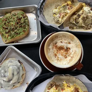 Cinnamon roll, avocado toast, Bacon, Egg, and Cheese Regular Taco, Sausage, Egg, and Cheese Regular, Fried Chicken, Egg,