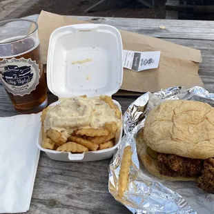 Big Ugly Her beer, Fat Kid Fries, and a Firebird chicken sammich