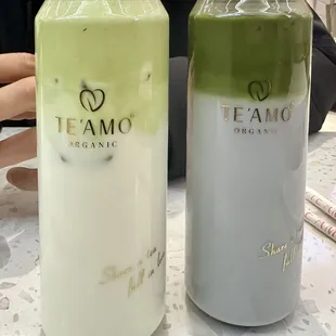L - Dalgona Matcha without boba  R - Organic Matcha lavendar latte