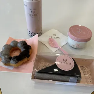 Oreo mochi doughnut, Oreo crepe cake, strawberry milk tea with boba, original coconut jelly