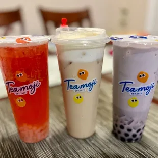 Strawberry pineapple with coconut jelly, roasted caramel milk tea with brulee mousse, taro milk tea with boba and lychee jelly