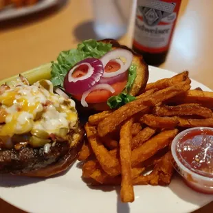 Burger week special,  with jalapeños, avocado and multiple cheeses, side of sweet potato fries