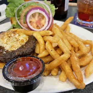 Black &amp; bleu burg. Mondays any burg fries $9.99 I think lol