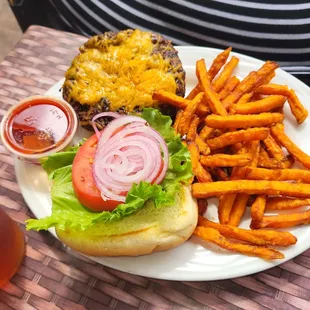 Burger and sweet potatoes fries