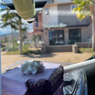 Macha Frap with coconut milk and ube cake