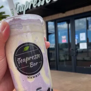 Taro smoothie with condensed wall and large boba. 10/10 would recommend