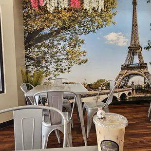 Paris wall mural... for the 2024 Olympics? ... and the $3 Tuesday drink of the day: Wintermelon Milk Tea (non-dairy is standard)
