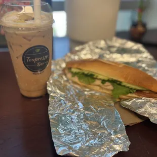 a sandwich and iced coffee