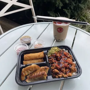 Brown Sugar Oolong Tea   Bento Box Chicken Rice W/ Vegetables spring Rolls &amp; Pan-fried chicken dumplings