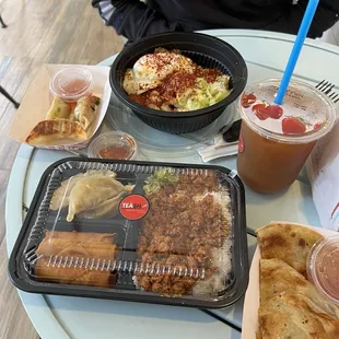 Scallions pancakes, Spicy Chicken Rice Bowl, Bento Box Chicken Rice W/ Vegetables spring Rolls &amp; Pan-fried chicken dumplings