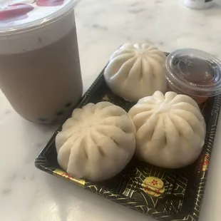 BBQ pork buns and fresh taro milk