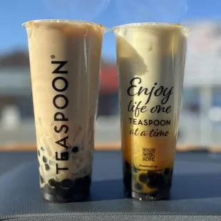 Left- Create Your Own Drink (with black tea, cream, and lychee/boba)  Right- Silky Mango with boba