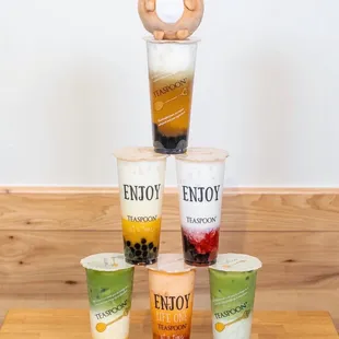 Golden Cloud with boba, Silky Mango with boba, Silky Strawberry with boba, Mango Matcha Royale, Thai Tea, and Strawberry Matcha Royale