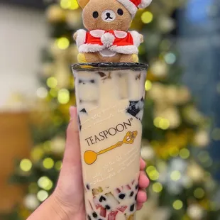 Creamy Jasmine with boba, grass jelly, and rainbow jelly