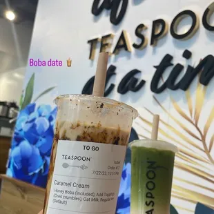 Caramel cream boba and matcha something for me with oat milk for both.