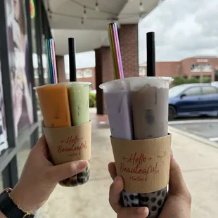 spilt cups: thai + matcha, taro + oreo