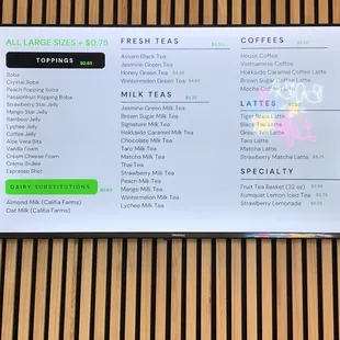 Toppings &amp; Drinks Menu