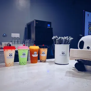 a variety of drinks on a counter