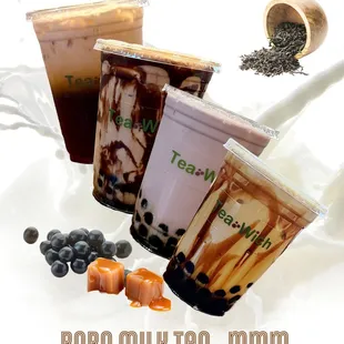 a variety of drinks in plastic cups