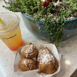 Pineapple tea with strawberry boba and deep fried Oreos