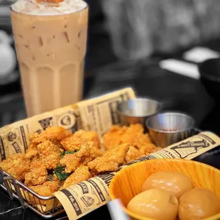 A01. Popcorn Chicken A05. Braised Soft-Boiled Egg M03. Iced Bear Milk Tea