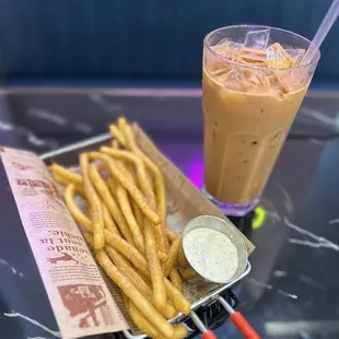 Super fries with truffle sauce and Thai tea