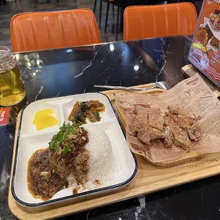 RE03 Deep Fried Chicken Cutlet w/Marinated Minced Pork Sauce Over Rice