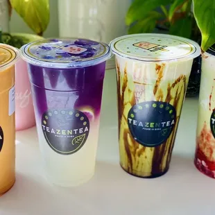 Thai Tea, Lemonade Butterfly Tea, Brown Sugar Matcha, Strawberry Matcha Latte