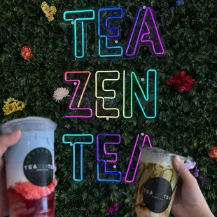 Freedom Drink with lychee jelly on the left Matcha Crème Brûlée with Boba on right