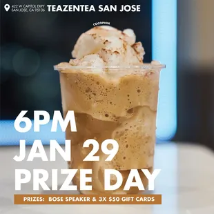 First prize day on Sun Jan 29 at 06PM. Come with your raffle tickets for a chance to win Bose Smart Soundbar 300 or $50 TEAZENTEA Gift Card.