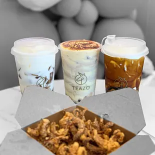 Fried Mini Octopus, Peach Oolong Milk Tea, creamer broke boba drink, Brown Sugar Boba Latte | @whaevaeats