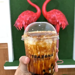 Tiger latte brûlée with boba, yum!