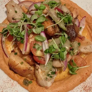 Grilled Octopus w/Gigante Beans, Red Onion, Celery, Red Pepper &amp; Garlic Hummus &amp; a Basil Lemon Vinegrette