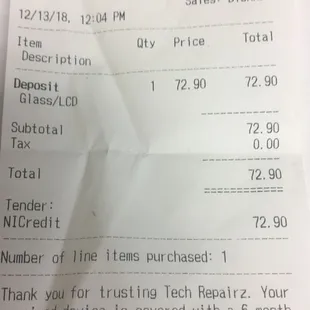 My proof that I dropped off my phone on 12/13 and it took FOREVER to get it back