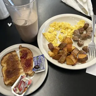 Potatoes Egg Sausage toast chocolate milk