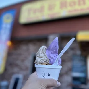Ube and Oreo frozen yogurt $3.00 with one topping $0.75