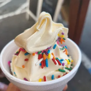 Classic vanilla with rainbow sprinkles. Jr. Mini size.
