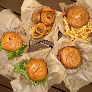 Single Teri Burger, Beer Battered Onion Rings, Fries