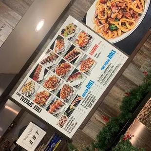 a menu and a plate of food