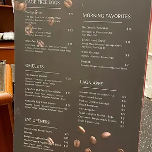 Breakfast menu, August 2023. Fresh juice blend and house bloody Mary not available during our visit.