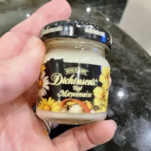 An opened single-use jar of mayo on our table. Throw those away, y'all! Germs are real.