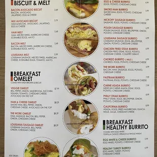 Breakfast Sandwiches, Omelets and Burritos.
