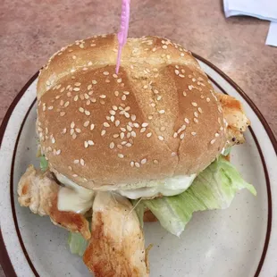 Delicious grilled chicken sandwich for lunch. Made to order at my favorite place!